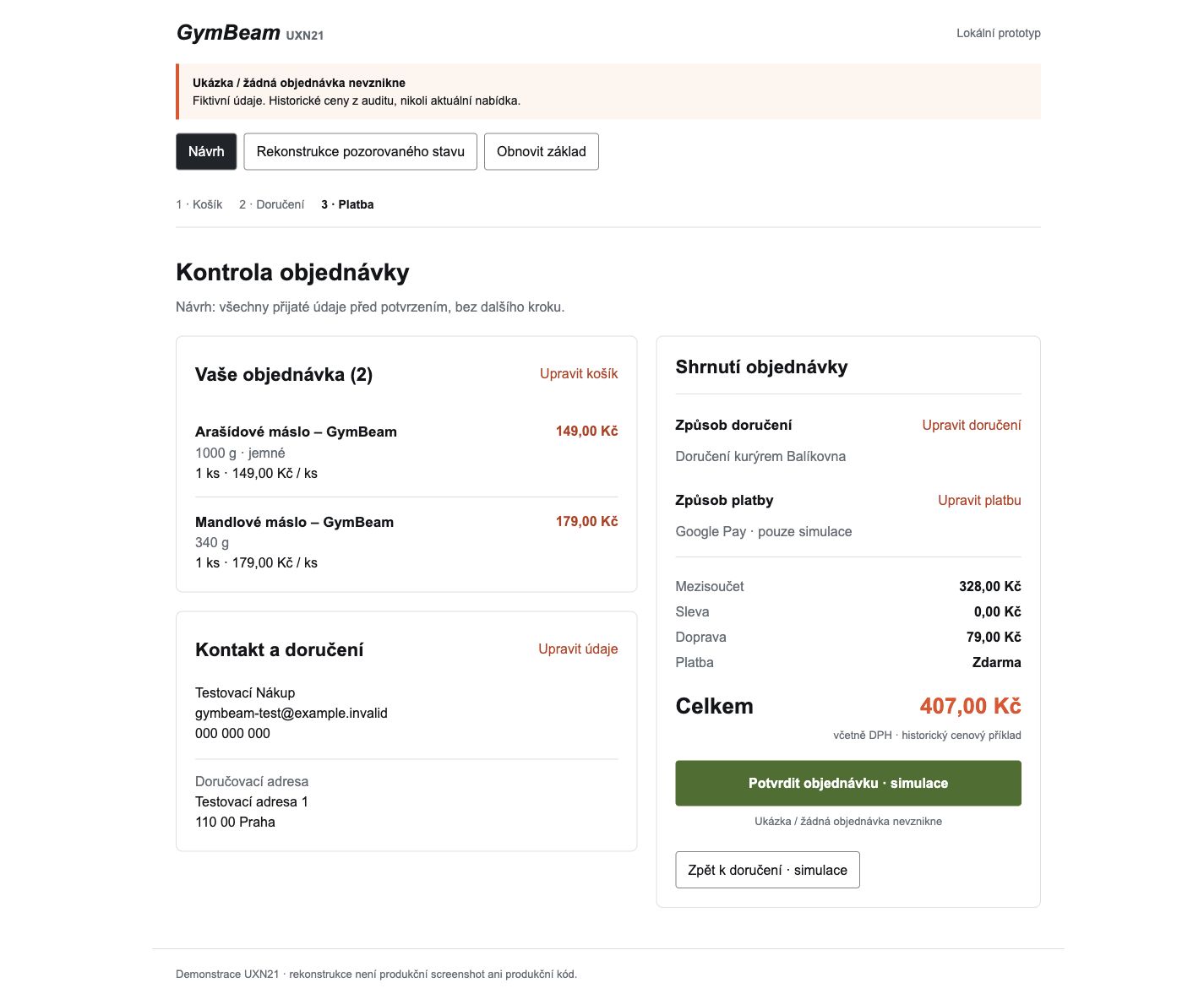 Local order review prototype with products and fictional contact details on the left and an order total on the right.