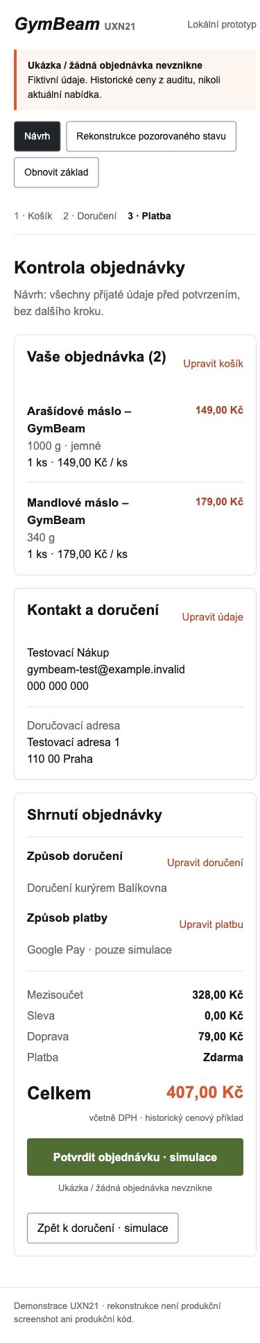Single-column local prototype with products and contact details before the price summary and end-simulation button.